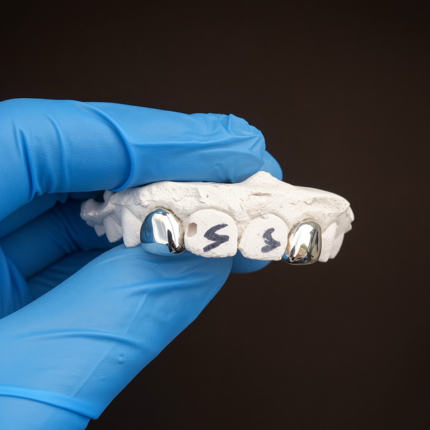 Two separate silver caps on a plaster model
