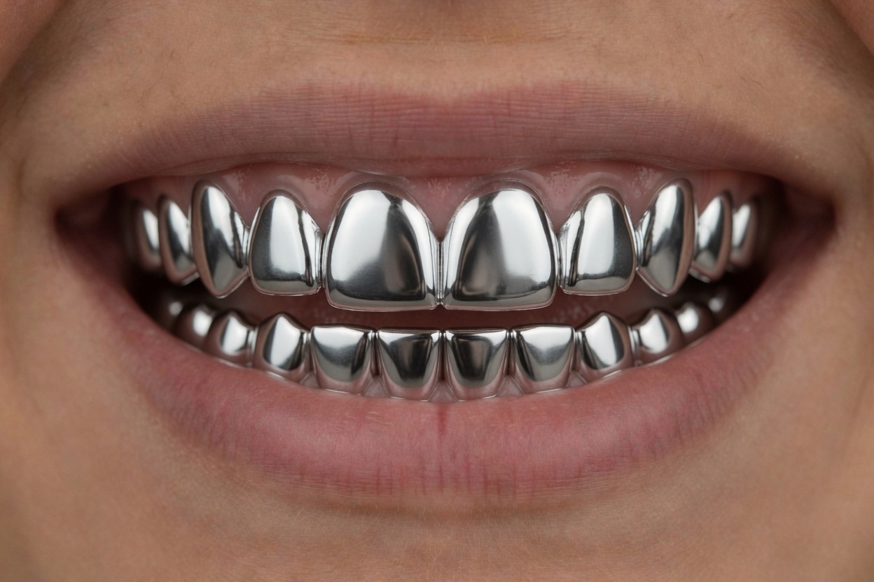 Six silver caps on the top teeth and six on the bottom teeth