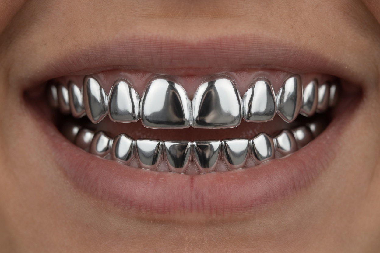 Eight silver caps on the top teeth and eight on the bottom teeth
