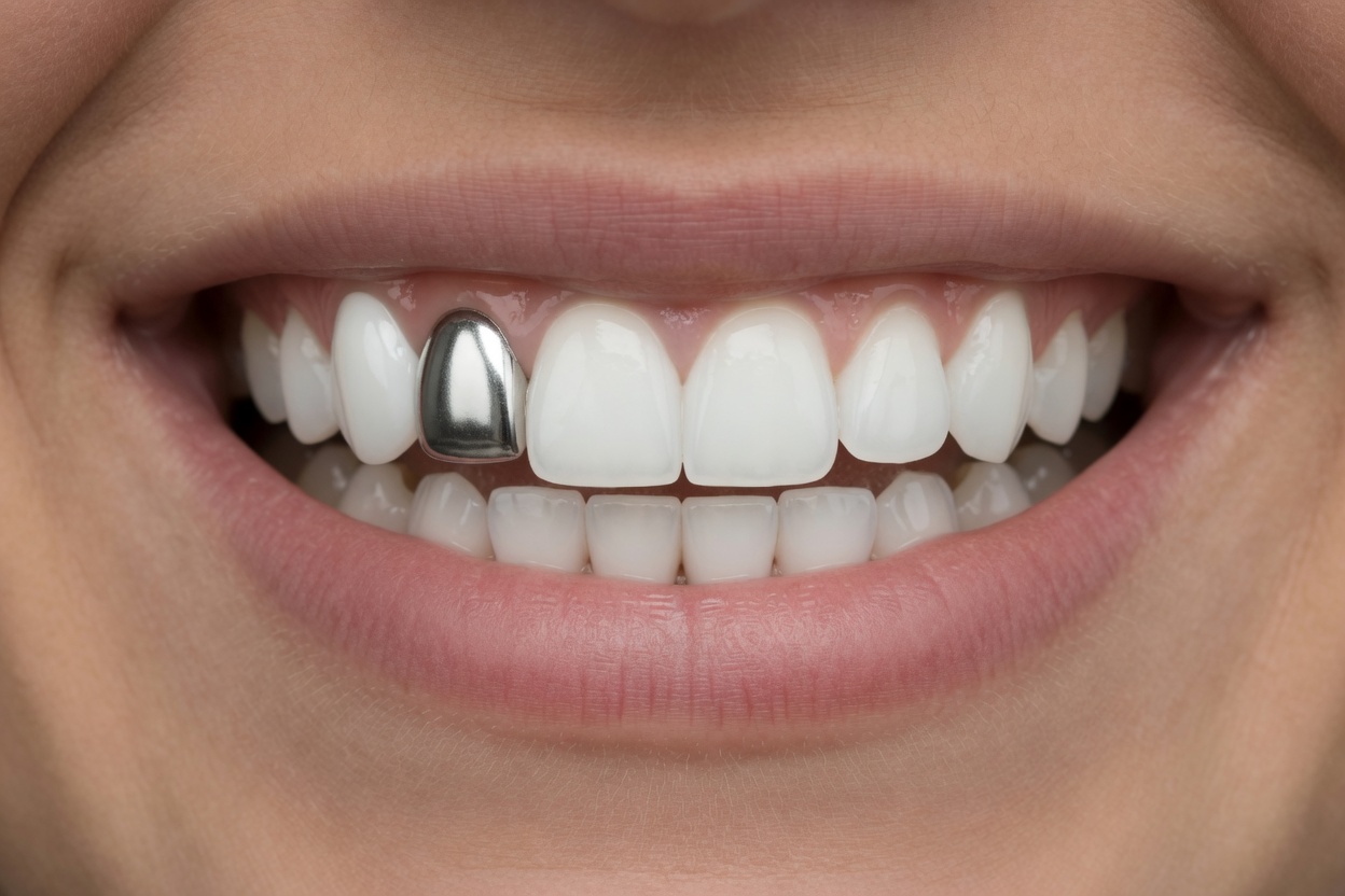 One mirror-polished silver cap on a side tooth